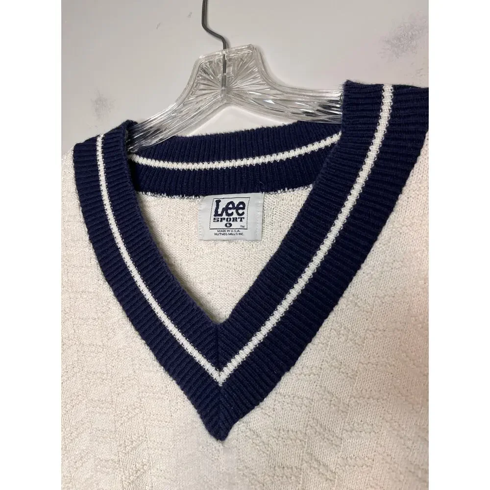 1990s Lee Sport Cream Navy Blue Varsity Tenniscore Prep Country Club Sweater L - Picture 2 of 6
